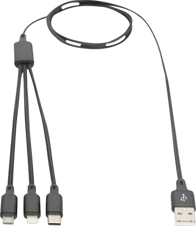 Produktbild: Digitus USB-Ladekabel Apple Lightning Stecker, USB-A Stecker, USB-C&reg; Stecker, USB-Micro-B Stecker 1.00 m Schwarz Extrem robuste Geflechtschirmung,
