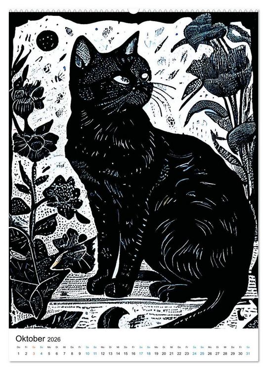 Produktbild: Katzen Linolschnitt - Der Kalender mit kunstvollen Portr&auml;ts der Samtpfoten (hochwertiger Premium Wandkalender 2026 DIN A2 hoch), Kunstdruck in Hochglanz