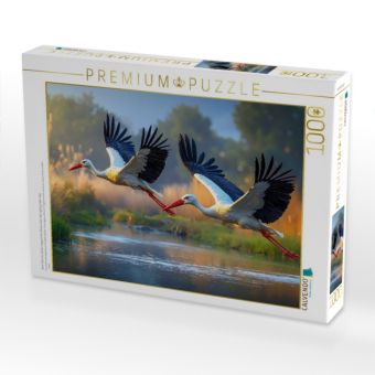 Produktbild: CALVENDO Puzzle Zwei St&ouml;rche ziehen elegant ihre Kreise &uuml;ber dem glitzernden See | 1000 Teile Lege-Gr&ouml;&szlig;e 64x48cm Foto-Puzzle f&uuml;r gl&uuml;ckliche Stunden