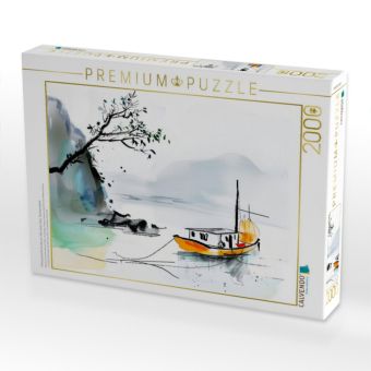 Produktbild: CALVENDO Puzzle Chinesische Dschunke am Ufer eines Sees. Tuschemalerei | 2000 Teile Lege-Gr&ouml;&szlig;e 90x67cm Foto-Puzzle f&uuml;r gl&uuml;ckliche Stunden