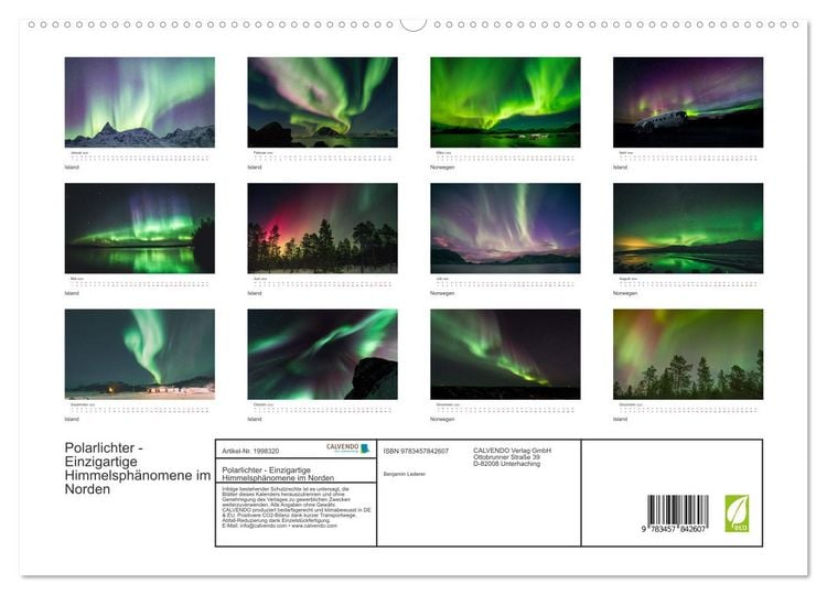 Produktbild: Polarlichter - Einzigartige Himmelsph&auml;nomene im Norden (Wandkalender 2026 DIN A2 quer), CALVENDO Monatskalender