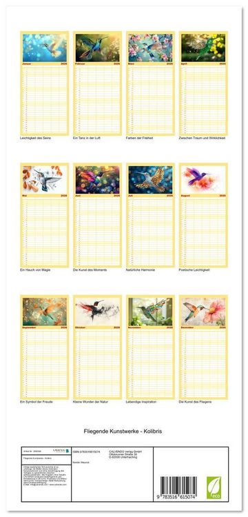 Produktbild: Familienplaner 2026 - Fliegende Kunstwerke - Kolibris mit 5 Spalten (Wandkalender, 21 x 45 cm) CALVENDO