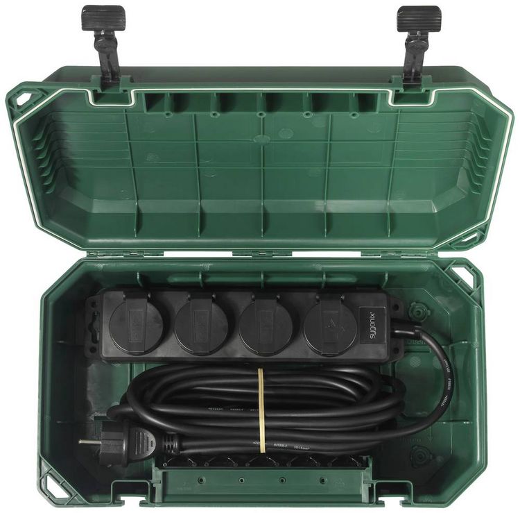 Produktbild: Sygonix SY-5598168 Verteilerbox 4fach Standard-Gr&uuml;n (seidenmatt), Schwarz erh&ouml;hter Ber&uuml;hrungsschutz, mit 4-Fach Steckdosenleiste