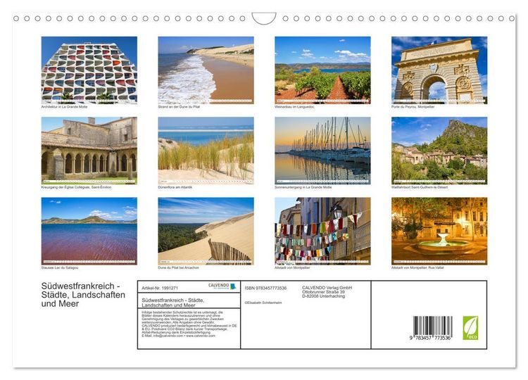 Produktbild: S&uuml;dwestfrankreich - St&auml;dte, Landschaften und Meer (Wandkalender 2026 DIN A3 quer), CALVENDO Monatskalender