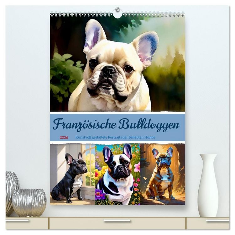 Produktbild: Franz&ouml;sische Bulldoggen. Kunstvoll gestaltete Portraits (hochwertiger Premium Wandkalender 2026 DIN A2 hoch), Kunstdruck in Hochglanz