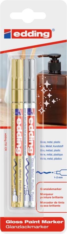 Produktbild: edding 751 Lackmarker medium, 2er Set gold/silber