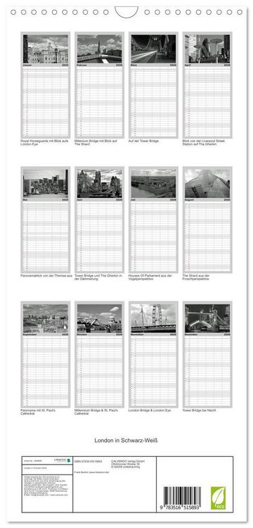 Produktbild: Familienplaner 2026 - London in Schwarz-Wei&szlig; mit 5 Spalten (Wandkalender, 21 x 45 cm) CALVENDO