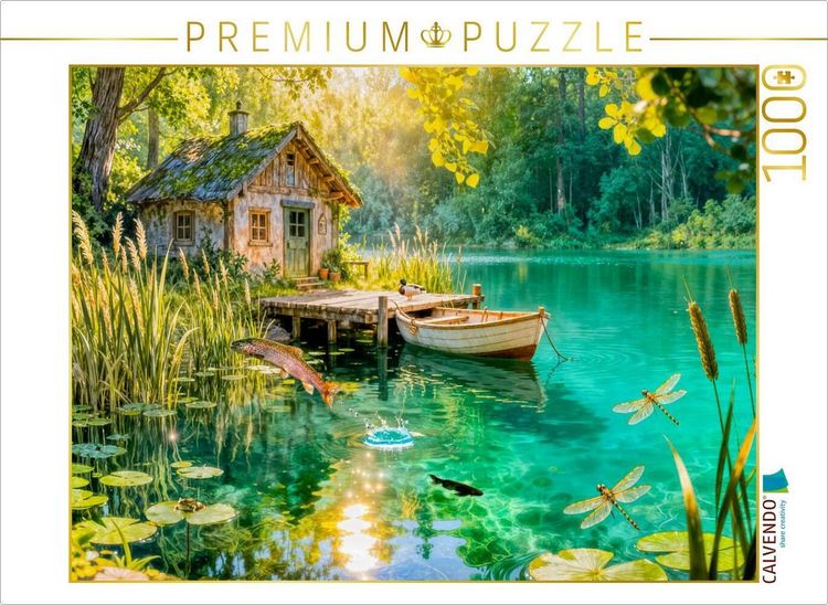 Produktbild: CALVENDO Puzzle Cottage Fischerh&uuml;tte am Weiher mit springenden Forellen | 1000 Teile Lege-Gr&ouml;&szlig;e 64x48cm Foto-Puzzle f&uuml;r gl&uuml;ckliche Stunden