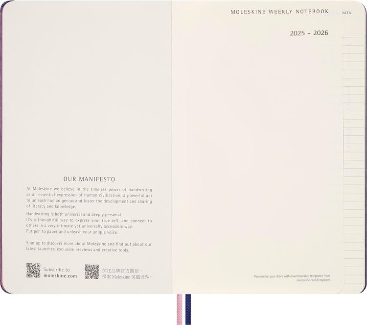 Produktbild: Moleskine Sakura 18 Monate Wochen Notizkalender 2025/2026, L/A5, 1 Wo = 1 Seite , rechts linierte Seite, fester Einband, liniert
