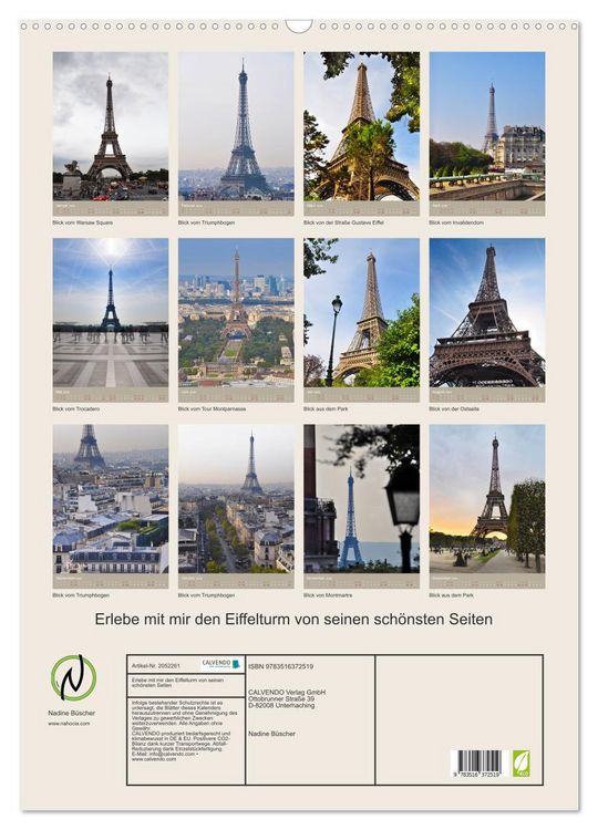 Produktbild: Erlebe mit mir den Eiffelturm von seinen sch&ouml;nsten Seiten (Wandkalender 2026 DIN A2 hoch), CALVENDO Monatskalender
