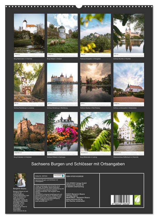 Produktbild: Sachsens Burgen und Schl&ouml;sser mit Ortsangaben (hochwertiger Premium Wandkalender 2026 DIN A2 hoch), Kunstdruck in Hochglanz