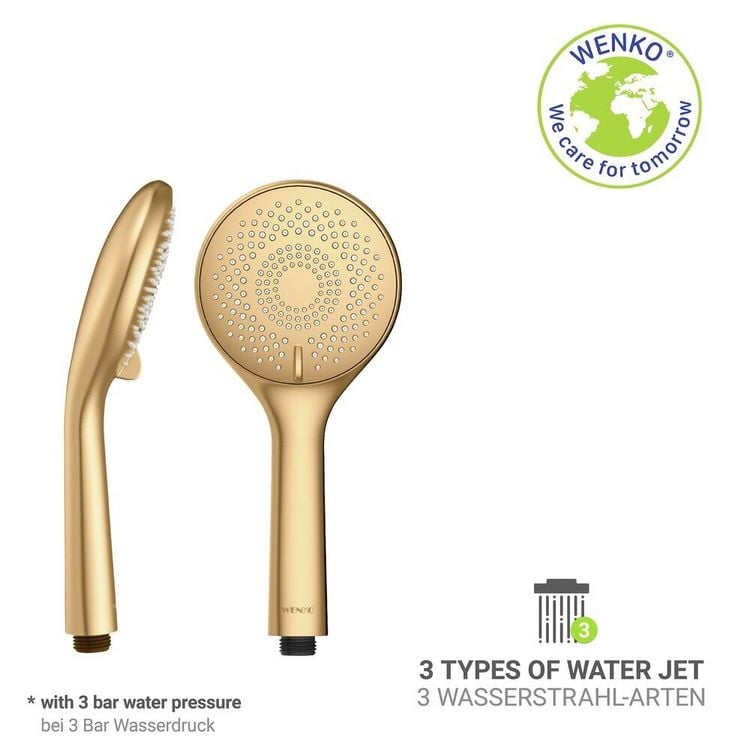 Produktbild: Duschkopf Gold matt, Universal-Handbrause, &Oslash; 11 cm, 3 Strahlarten