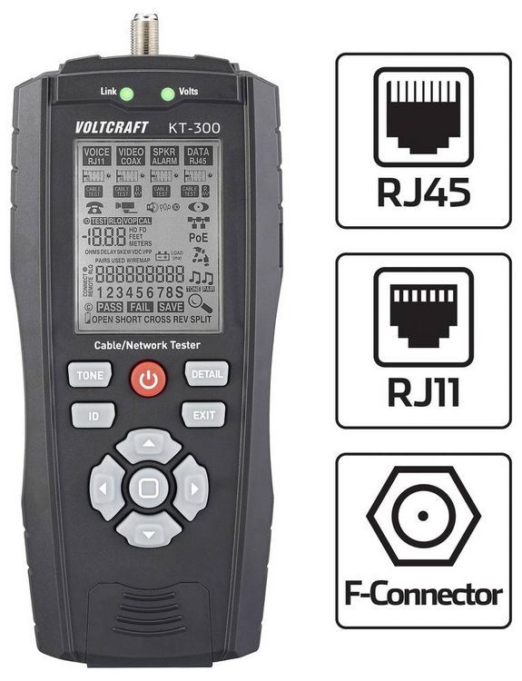 Produktbild: VOLTCRAFT KT-300 LAN Kabel Tester Speed Erkennung, PoE Diagnose, Port Lokalisierung, L&auml;ngenmessung, Mapping