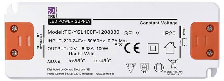 Produktbild: TRU COMPONENTS TC-YSL100F-1208330 LED-Trafo Konstantspannung 100W 8.33A 12 V/DC M&ouml;belzulassung, &Uuml;berspannung, Montage auf