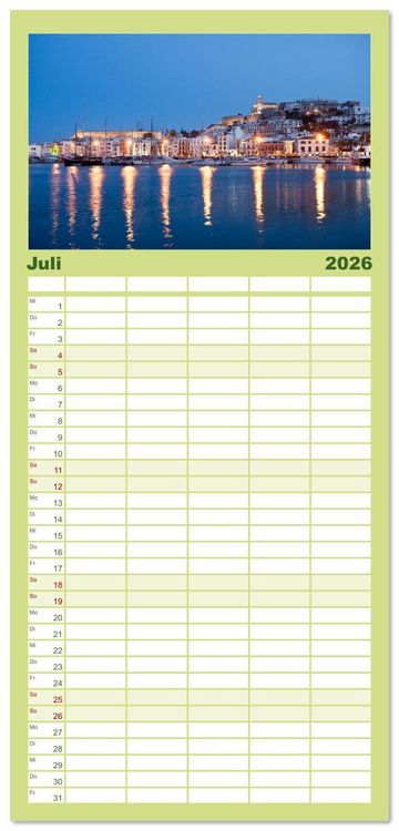 Produktbild: Familienplaner 2026 - Balearen - Mallorca, Menorca, Ibiza und Formentera mit 5 Spalten (Wandkalender, 21 x 45 cm) CALVENDO
