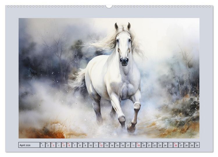 Produktbild: Anmutige Schimmel. &Auml;sthetik wei&szlig;er Aquarell-Pferde (Wandkalender 2026 DIN A2 quer), CALVENDO Monatskalender