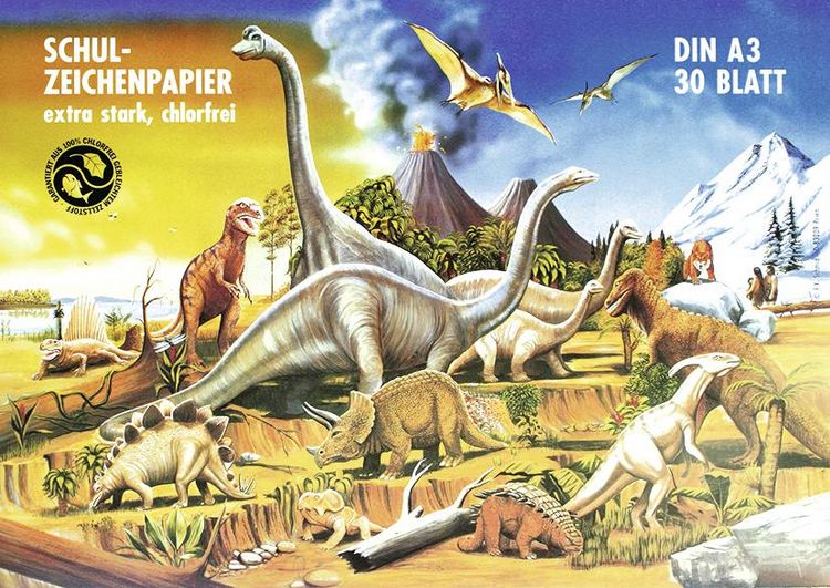 Produktbild: URSUS Zeichen und K&uuml;nstlerbedarf Zeichenblock 120 g/m&sup2;, DIN A3, 30 Blatt, hochwei&szlig;, Motiv: Dinosaurier
