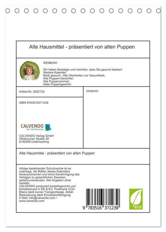 Produktbild: Alte Hausmittel - pr&auml;sentiert von alten Puppen (Tischkalender 2026 DIN A5 hoch), CALVENDO Monatskalender