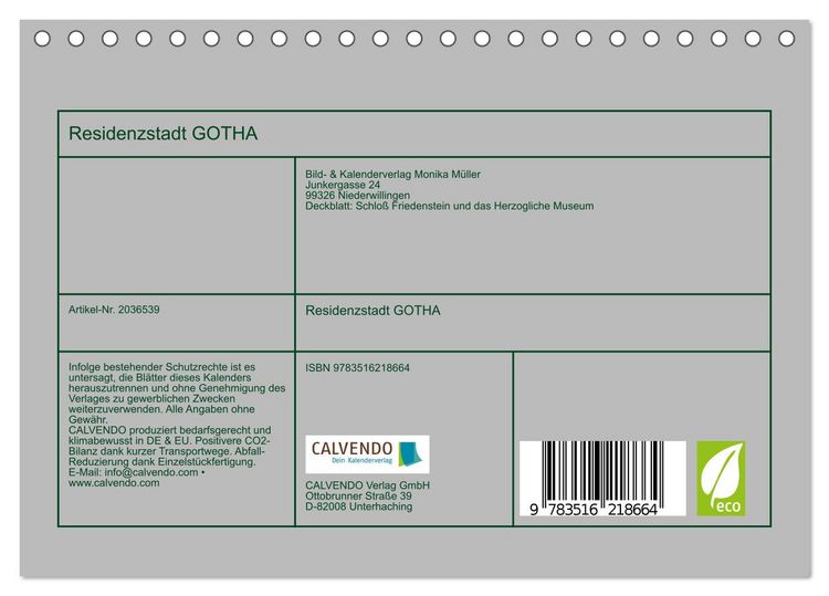 Produktbild: Residenzstadt GOTHA (Tischkalender 2026 DIN A5 quer), CALVENDO Monatskalender