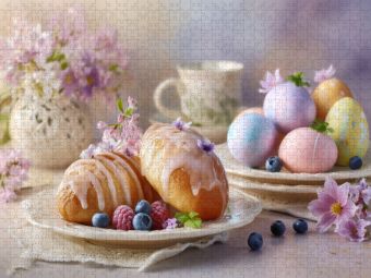 Produktbild: CALVENDO Puzzle Ostern fl&uuml;stert in Pastell und s&uuml;&szlig;en Versprechen | 1000 Teile Lege-Gr&ouml;&szlig;e 64x48cm Foto-Puzzle f&uuml;r gl&uuml;ckliche Stunden