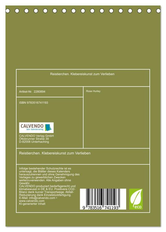 Produktbild: Reistierchen. Klebereiskunst zum Verlieben (Tischkalender 2026 DIN A5 hoch), CALVENDO Monatskalender