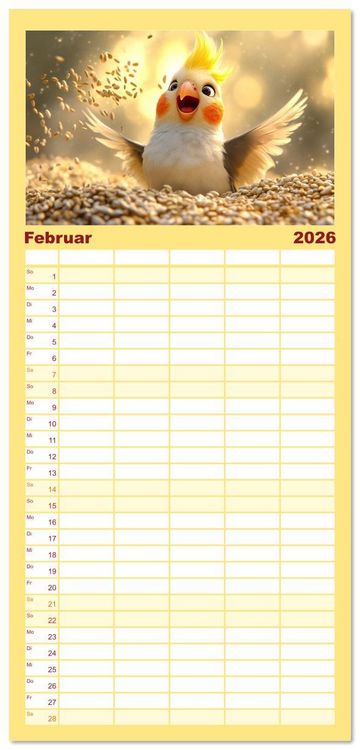 Produktbild: Familienplaner 2026 - Klein, laut, lustig - Nymphensittiche mit 5 Spalten (Wandkalender, 21 x 45 cm) CALVENDO