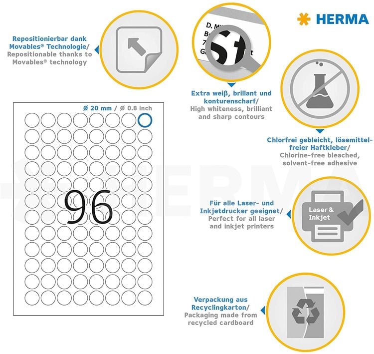 Produktbild: Herma Etiketten A4 20mm rund 25 Blatt 2400 St&uuml;ck