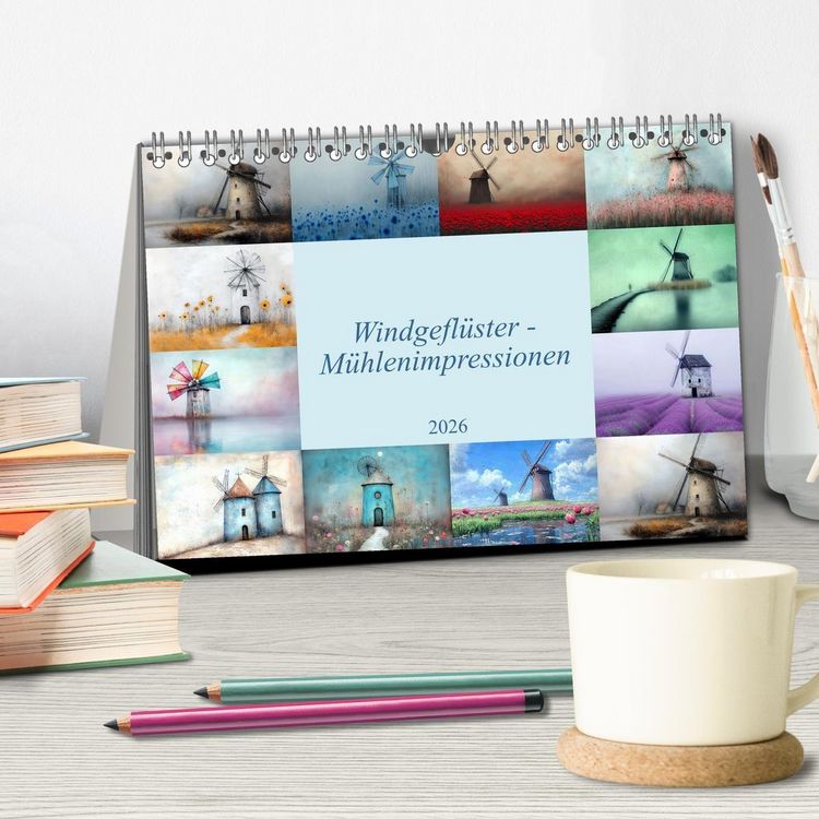 Produktbild: Windgefl&uuml;ster-M&uuml;hlenimpressionen (Tischkalender 2026 DIN A5 quer), CALVENDO Monatskalender