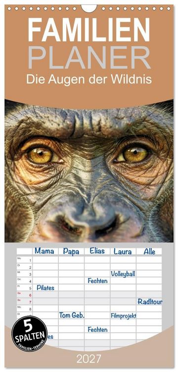 Produktbild: Familienplaner 2027 - Die Augen der Wildnis mit 5 Spalten (Wandkalender, 21 x 45 cm) CALVENDO