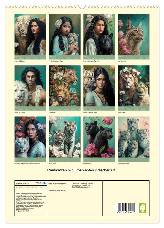 Produktbild: Raubkatzen mit Ornamenten indischer Art (hochwertiger Premium Wandkalender 2026 DIN A2 hoch), Kunstdruck in Hochglanz