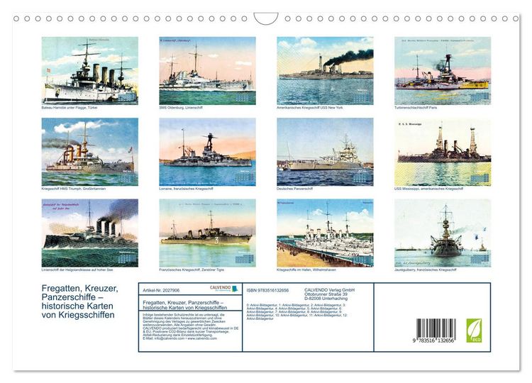 Produktbild: Fregatten, Kreuzer, Panzerschiffe &ndash; historische Karten von Kriegsschiffen (Wandkalender 2026 DIN A3 quer), CALVENDO Monatskalender