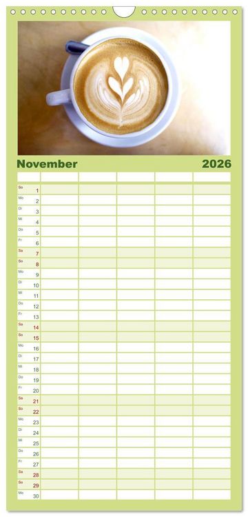 Produktbild: Familienplaner 2026 - Kaffeekunst - Purer Genuss mit 5 Spalten (Wandkalender, 21 x 45 cm) CALVENDO