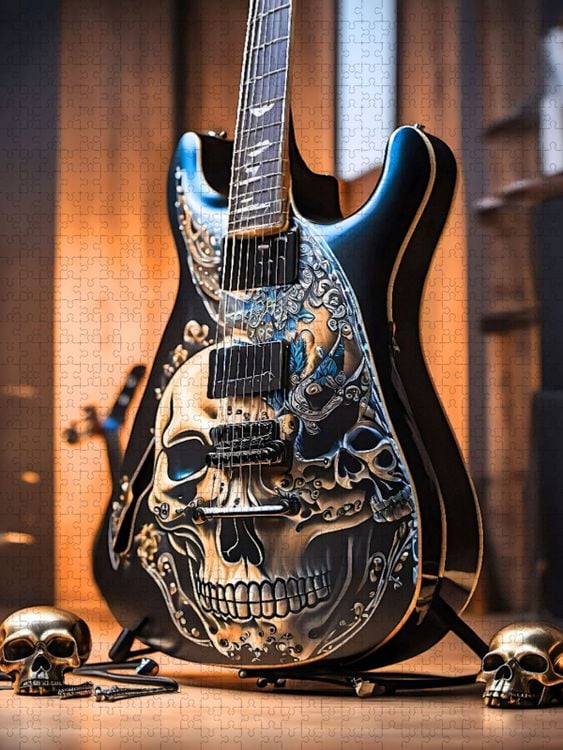 Produktbild: CALVENDO Puzzle Gitarre mit Totenk&ouml;pfen | 1000 Teile Lege-Gr&ouml;&szlig;e 64x48cm Foto-Puzzle f&uuml;r gl&uuml;ckliche Stunden
