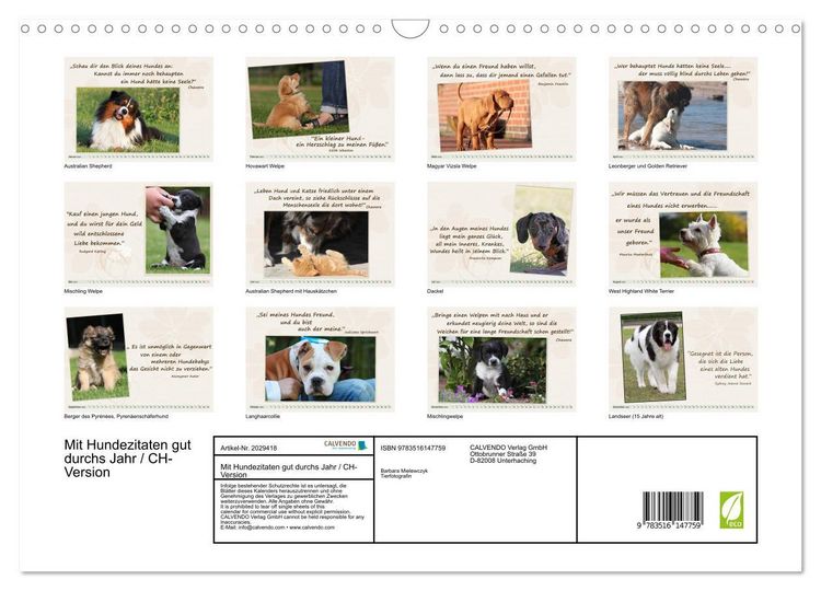 Produktbild: Mit Hundezitaten gut durchs Jahr / CH-Version (Wandkalender 2026 DIN A3 quer), CALVENDO Monatskalender