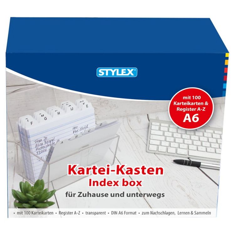 Produktbild: STYLEX Karteikasten transparent DIN A6 inklusive 100 Karteikarten wei&szlig; liniert