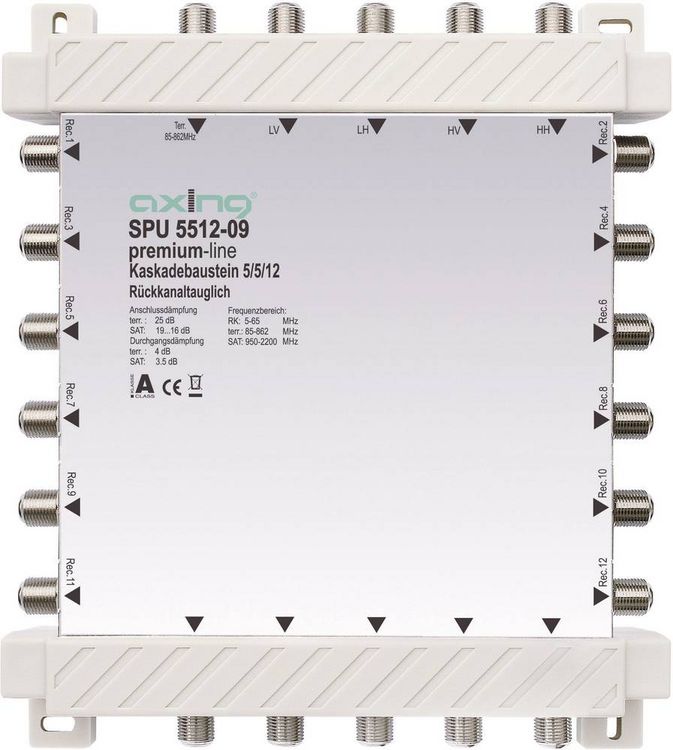 Produktbild: Axing SPU 5512-09 SAT Multischalter Kaskade Eing&auml;nge (Multischalter): 5 (4 SAT/1 terrestrisch) Teilnehmer-Anzahl: 12