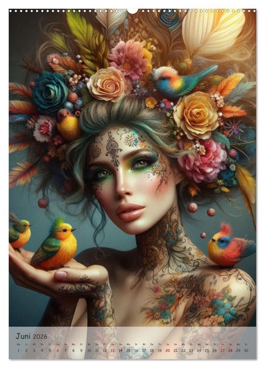 Produktbild: Fantasievolle Frauenportr&auml;ts - Bl&uuml;tenzauber und Paradiesv&ouml;gel (hochwertiger Premium Wandkalender 2026 DIN A2 hoch), Kunstdruck in Hochglanz