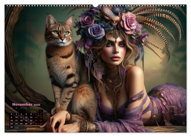 Produktbild: Luxuri&ouml;ser Bohemian Flair - Elegante Frauen mit anmutigen Katzen (hochwertiger Premium Wandkalender 2026 DIN A2 quer), Kunstdruck in Hochglanz