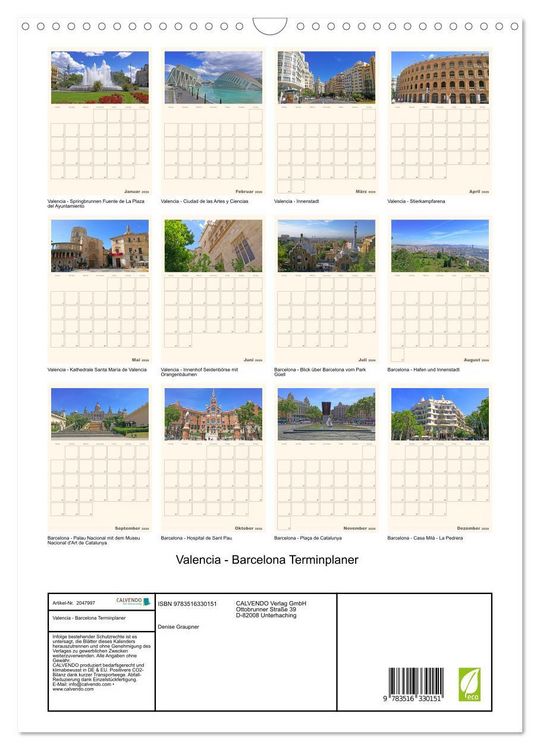 Produktbild: Valencia - Barcelona Terminplaner (Wandkalender 2026 DIN A3 hoch), CALVENDO Monatskalender