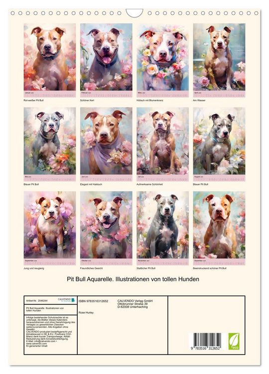 Produktbild: Pit Bull Aquarelle. Illustrationen von tollen Hunden (Wandkalender 2026 DIN A3 hoch), CALVENDO Monatskalender