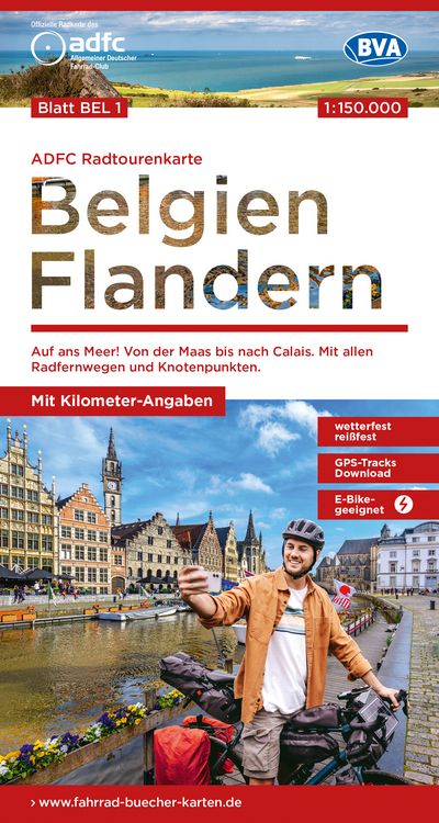 Produktbild: ADFC-Radtourenkarte BEL 1 Belgien Flandern 1:150.000, reiß- und wetterfest, E-Bike geeignet, GPS-Tracks Download, mit Kilometer-Angaben