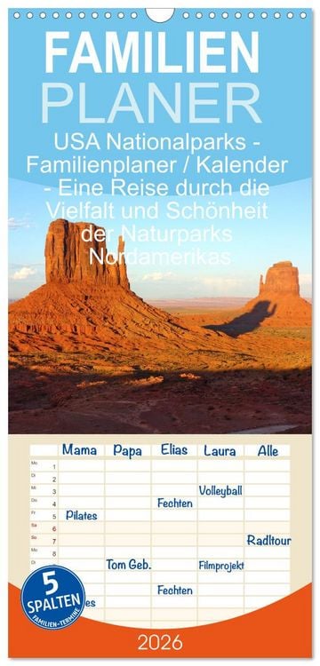 Produktbild: Familienplaner 2026 - USA Nationalparks - Familienplaner / Kalender - Eine Reise durch die Vielfalt und Sch&ouml;nheit der Naturparks Nordamerikas mit 5 Spalten (Wandkalender, 21 x 45 cm) CALVENDO