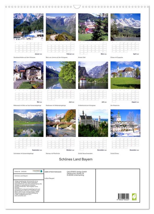 Produktbild: Sch&ouml;nes Land Bayern (Wandkalender 2026 DIN A2 hoch), CALVENDO Monatskalender