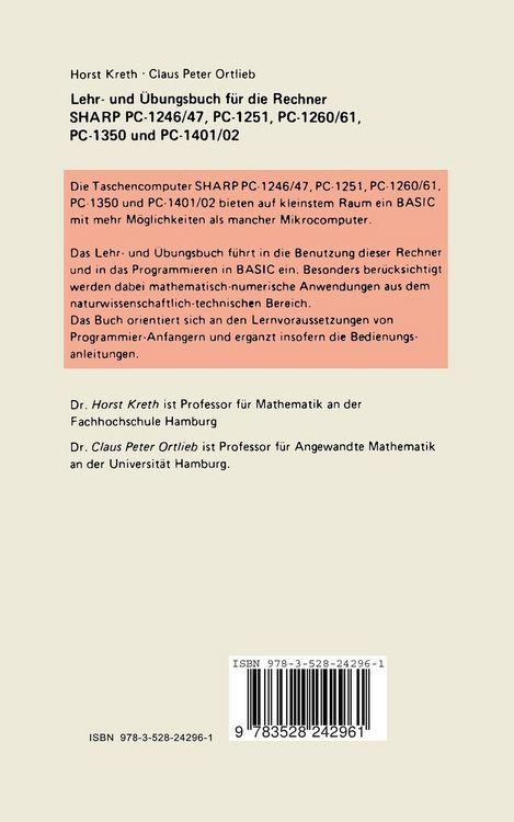 Produktbild: Lehr- und &Uuml;bungsbuch f&uuml;r die Rechner SHARP PC-1246/47, PC-1251, PC-1260/61, PC-1350, PC-1401/02