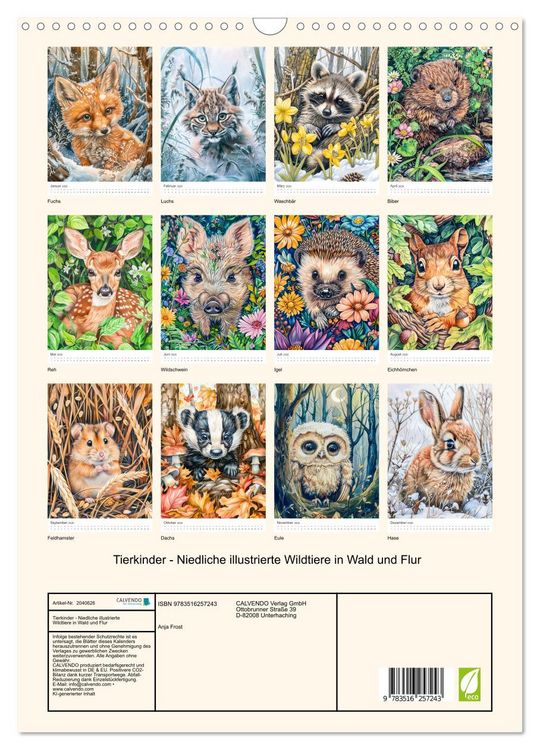 Produktbild: Tierkinder - Niedliche illustrierte Wildtiere in Wald und Flur (Wandkalender 2026 DIN A3 hoch), CALVENDO Monatskalender