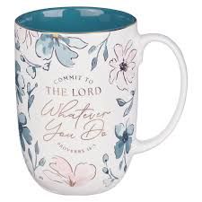 Produktbild: Whatever You Do Teal Floral Ceramic Coffee Mug - Proverbs 16:3