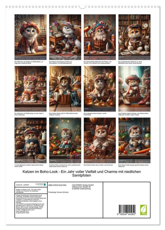 Produktbild: Katzen im Boho-Look - Ein Jahr voller Vielfalt und Charme mit niedlichen Samtpfoten (hochwertiger Premium Wandkalender 2026 DIN A2 hoch), Kunstdruck in Hochglanz
