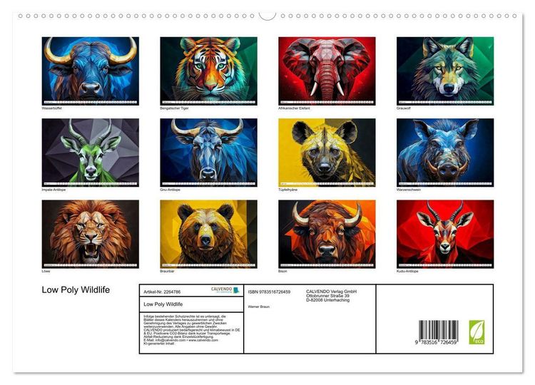 Produktbild: Low Poly Wildlife (hochwertiger Premium Wandkalender 2026 DIN A2 quer), Kunstdruck in Hochglanz