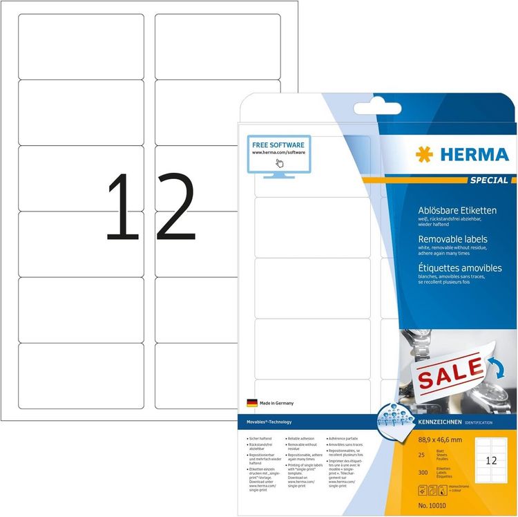 Produktbild: Herma Etiketten A4 20mm rechteckig 88,9x46,6, 25 Blatt, 300 St&uuml;ck
