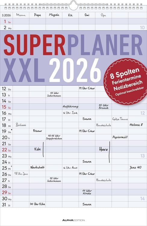Bild vom Artikel Superplaner XXL 2026 8 Spalten - Timer 33x49,5 cm - Offset-Papier - mit Ferienterminen - Wand-Planer - Alpha Edition vom Autor Alpha Edition